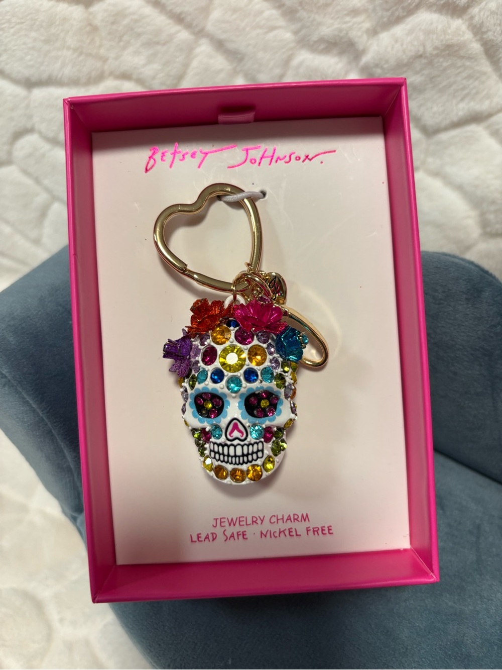 Betsey Johnson Multicolor Crystal Sugar Skull Key Ring with Gold Heart